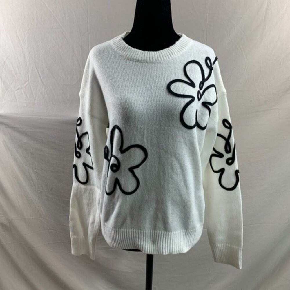 White/Black Floral Pattern Drop Shoulder Sweater - Picture 6 of 9